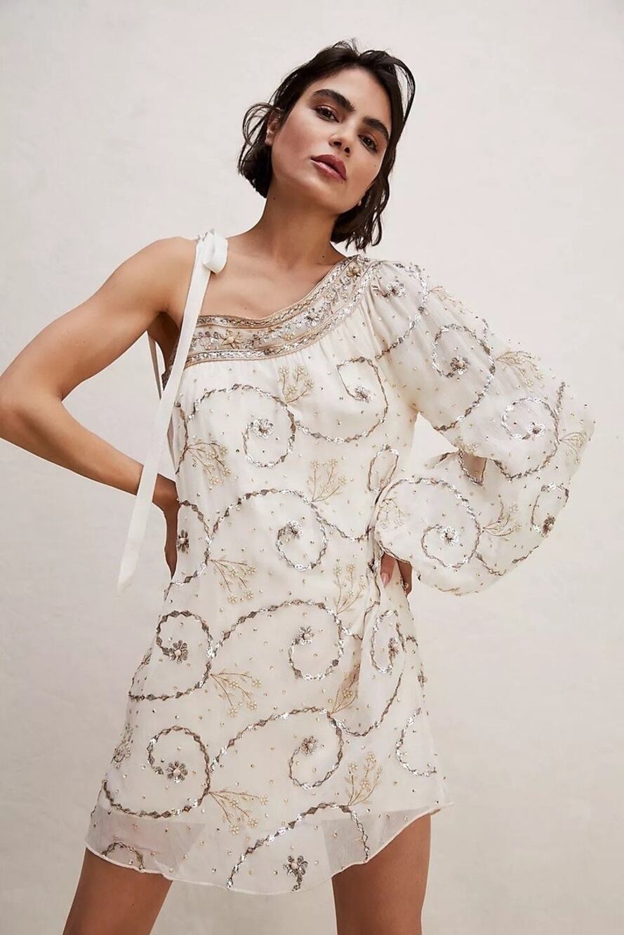 Free People One Dea Mini Dress Embellished One-Shoulder Size XS Sheer Beaded